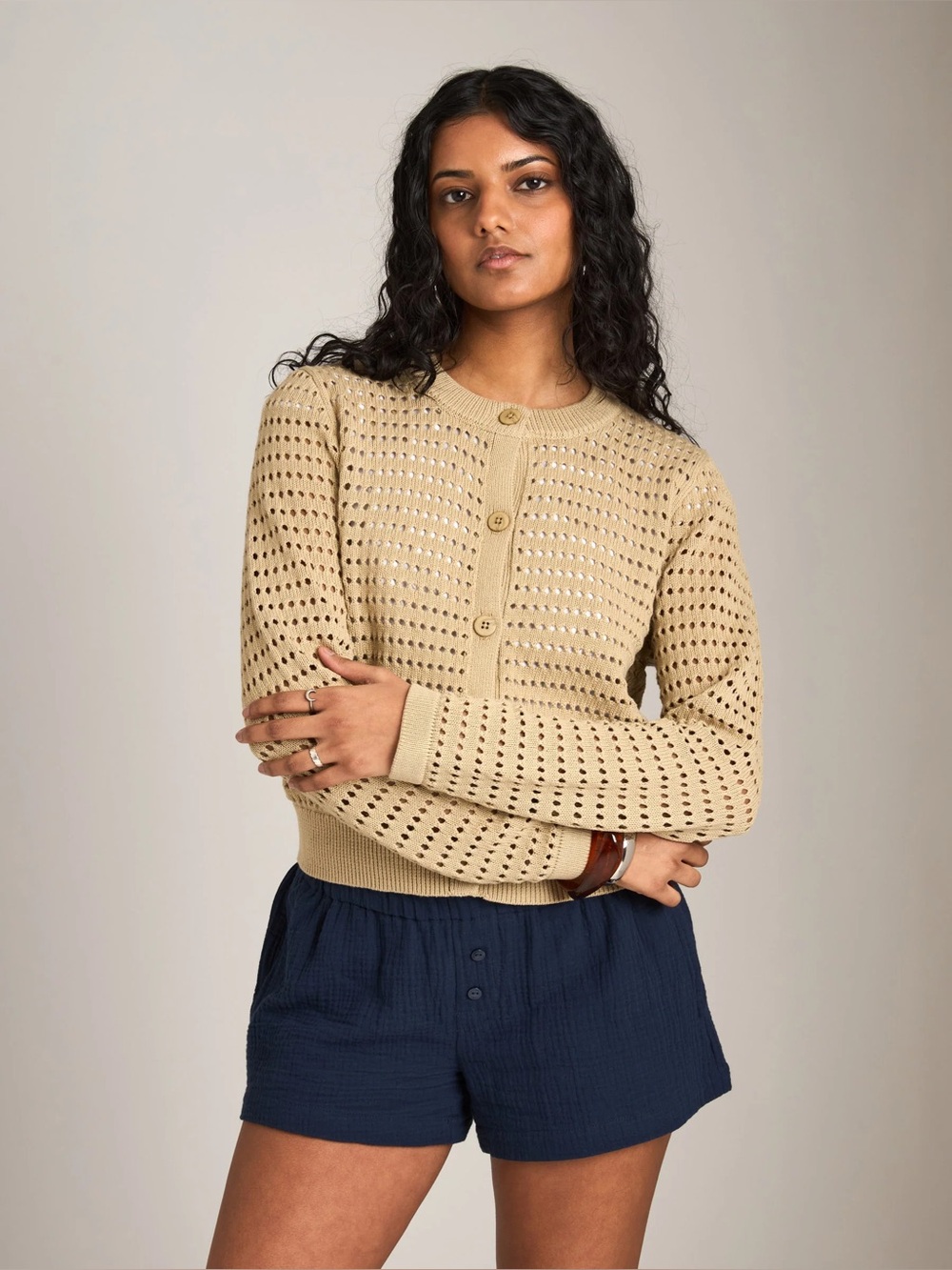 Beige Openwork Knit Button-Up Cardigan